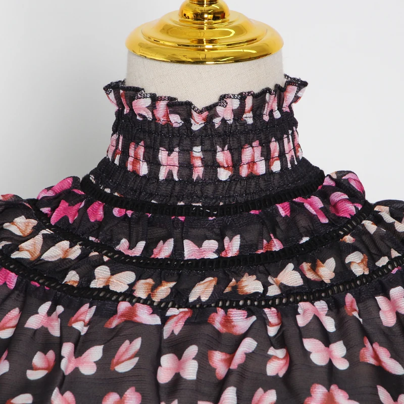 

VGH Printed Casual Hit Color Sets For Women Stand Collar Long Sleeve Shirt High Waist Sashes Wide Leg Short Female Two Piece Set