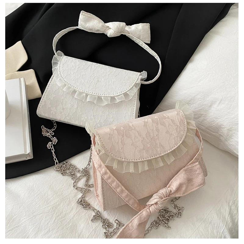 

Women Crossbody Bag Fashion Lace Net Red Chains Bow Flap PU All-match Korean Version Classic Temperament Small Square Coin Purse