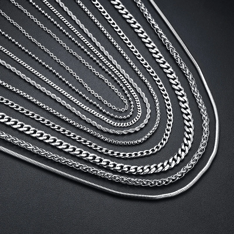 

silver color Chains Necklace Stainless Steel Men Women Necklace 3mm 4mm 6mm 7mm Curb Snake Rope Link Hombre 20inch 24inch