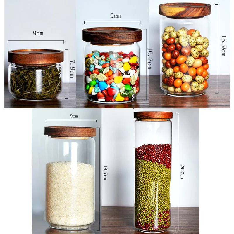 

Home Glass Bottles Wooden Lid Sealed Coffee Beans Tea Storage Jar Transparent Kitchen Grain Dried Fruit Food Storage Container