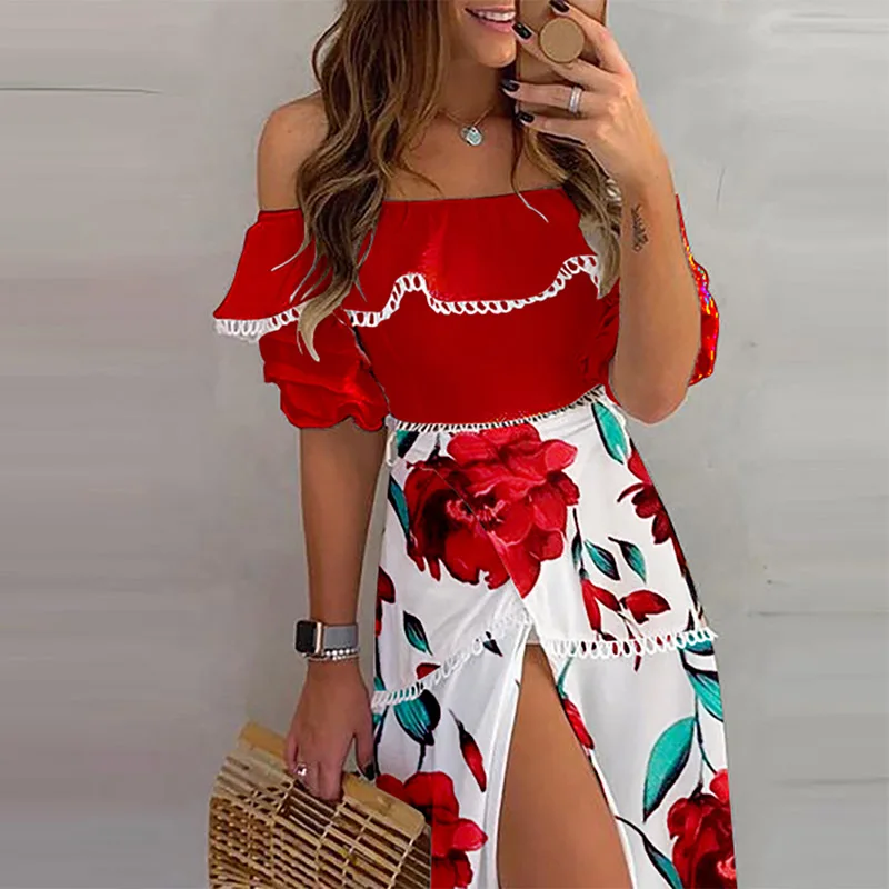 

Women Sexy Fashion High Waist Long Skirt Suits 2021 Lady Two Piece Set Outift Elegant Off Shoulder Ruffle Tops+Split Skirt Sets