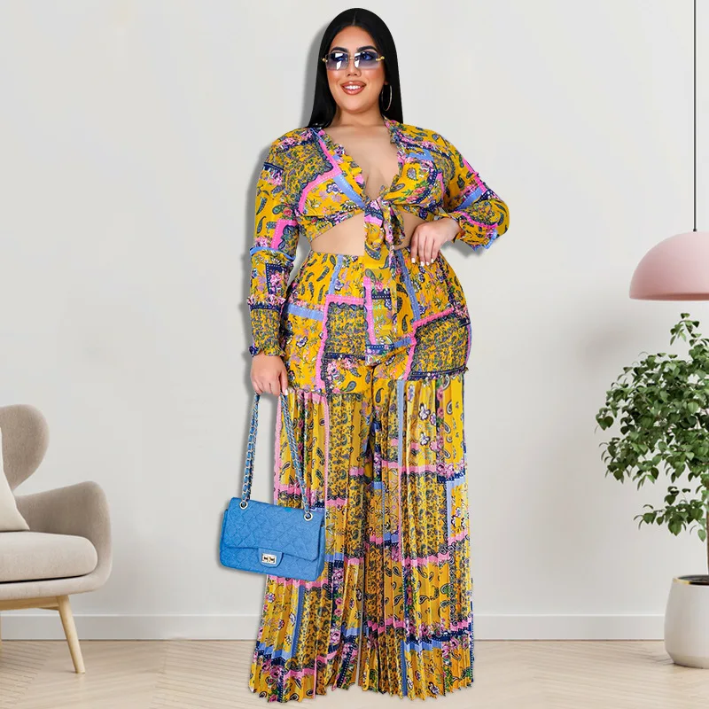 Plus Size Women Clothing 2021 Autumn Pleated Two Piece Suit Big Size 2 Piece Set Women Crop Top And Pants Plus Size Outfits 5xl