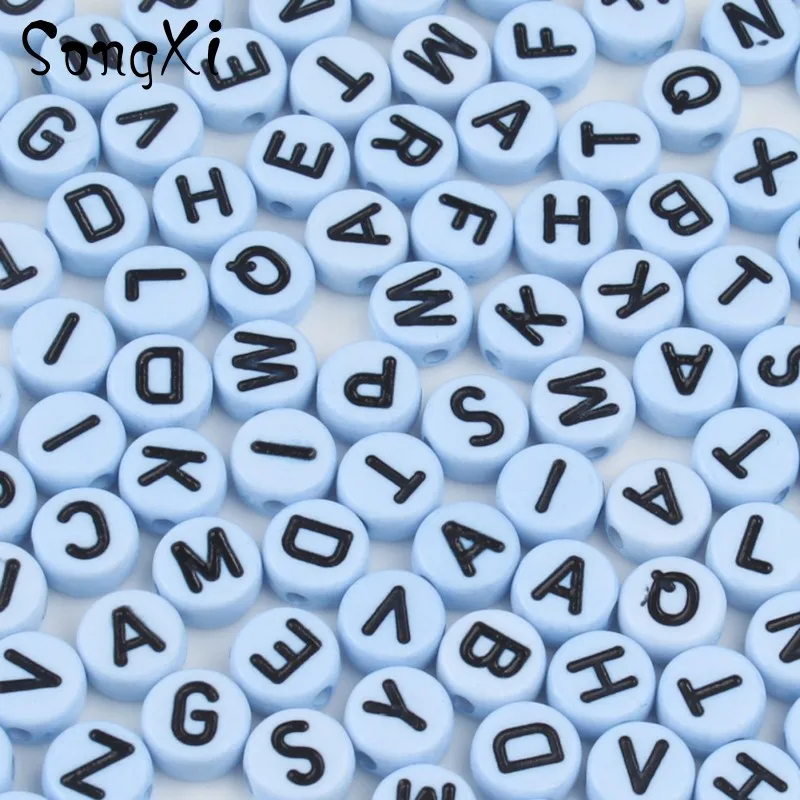 100 шт. синие буквы акриловые бусины 4*7 мм круглый плоский Алфавит россыпью для