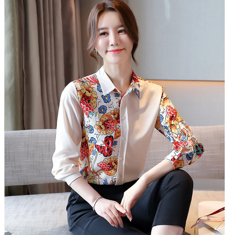

Женская шифоновая блузка с длинным рукавом, элегантная винтажная офисная блузка с отложным воротником и принтом, весна-осень