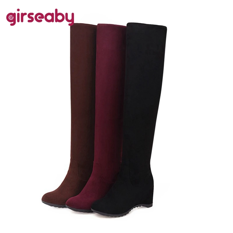 

Girseaby Autumn Winter Women's Fashion Solid Colors Warm Over The Knee Long Boots 44 High Boots Round Toe Wedges Shoes F1296