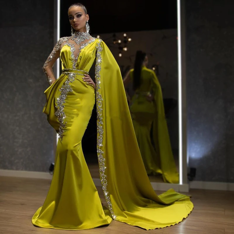 Lemon Luxury Crystal Mermaid Formal Evening Dresses With Cloak One Full Sleeves High Collar Beaded Long Prom Gowns vestidos de n