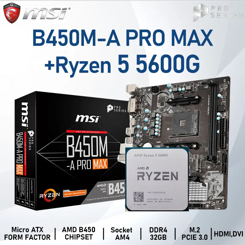 

MSI B450M-A PRO MAX Motherboard Set+ AMD Kit Ryzen 5 5600G Combo DDR4 32GB M.2 PCI-E 3.0 B450 Placa-mãe Kit AM4 Desktop AMD B450