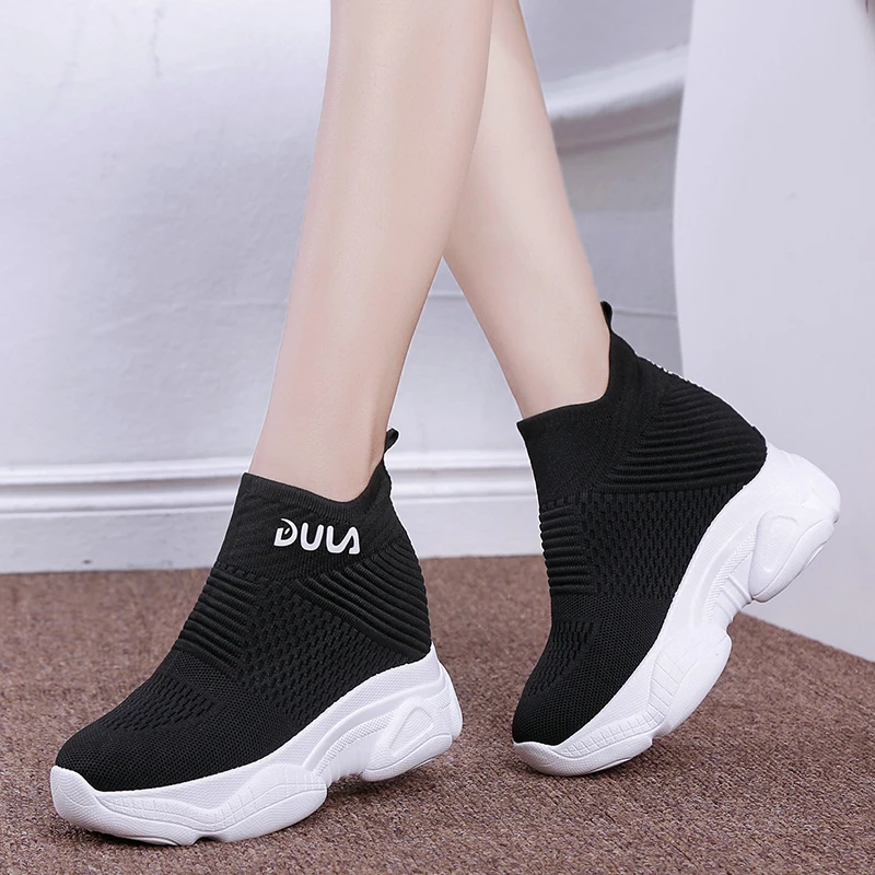 

White Breathable Knitted Chunky Sneakers Women 2021 New Spring Solid Wedge Sock Shoes Woman Thick Bottom High Top Flat Shoes