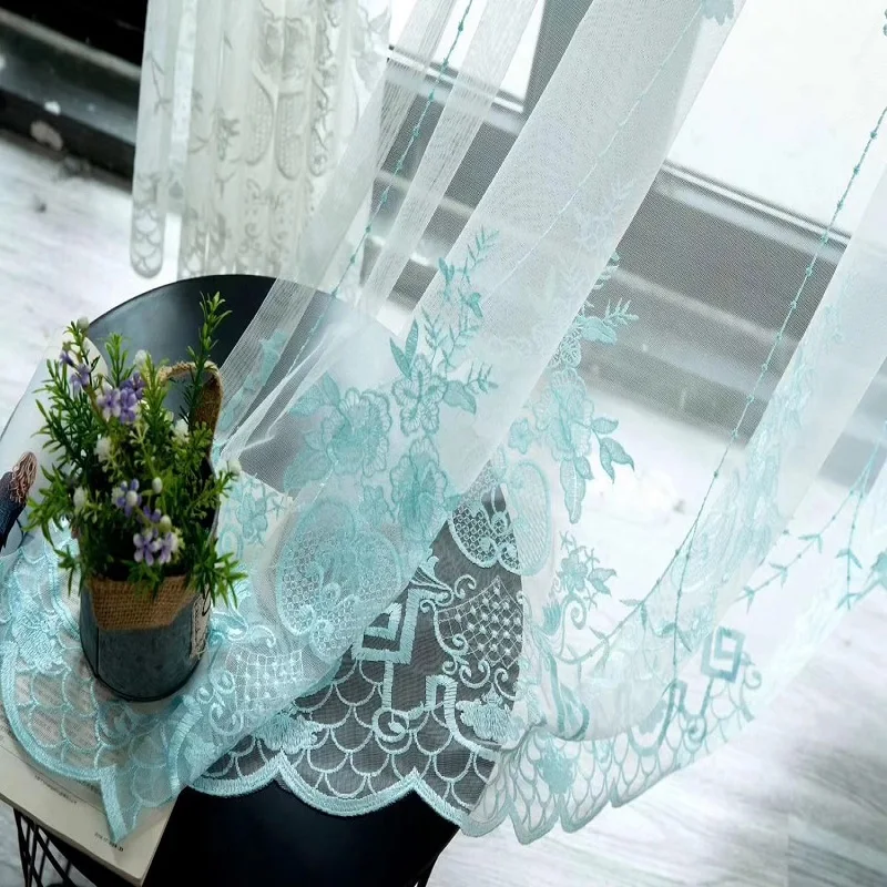 

European White Yellow Floral Embroidered lace sheer curtains for living room bedroom window tulle curt drapes serape home decor
