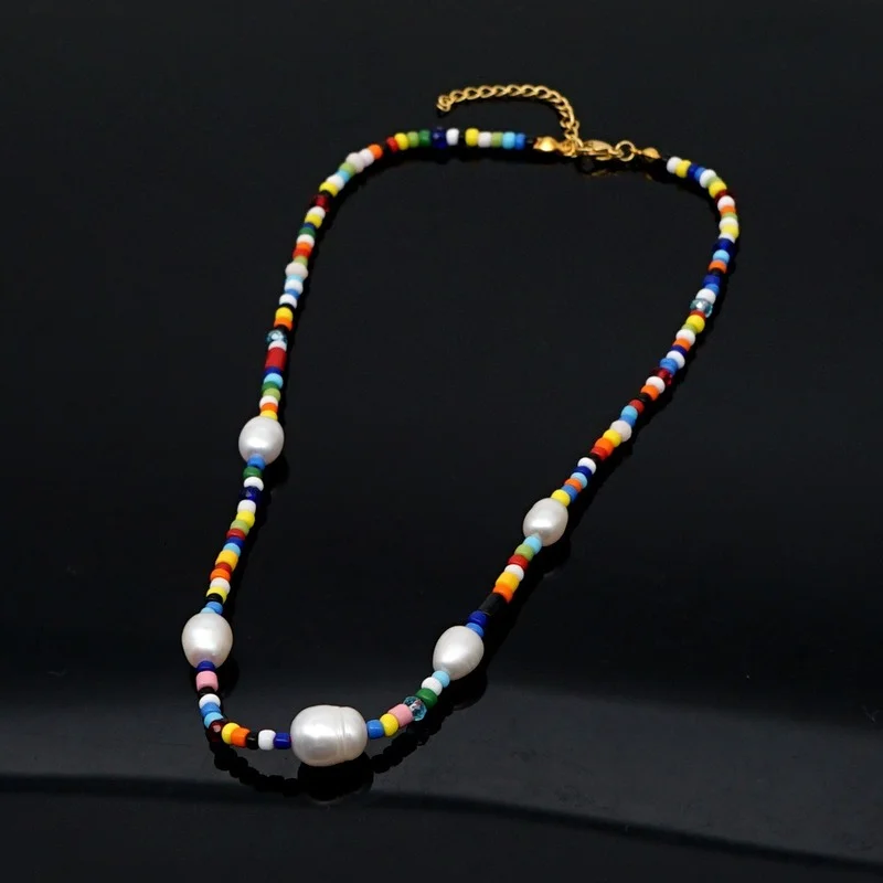 

2021 Boho Ethnic Choker Necklace Pearl Simple Rainbow Bead Necklace for Women Collier Femme Summer Jewelry