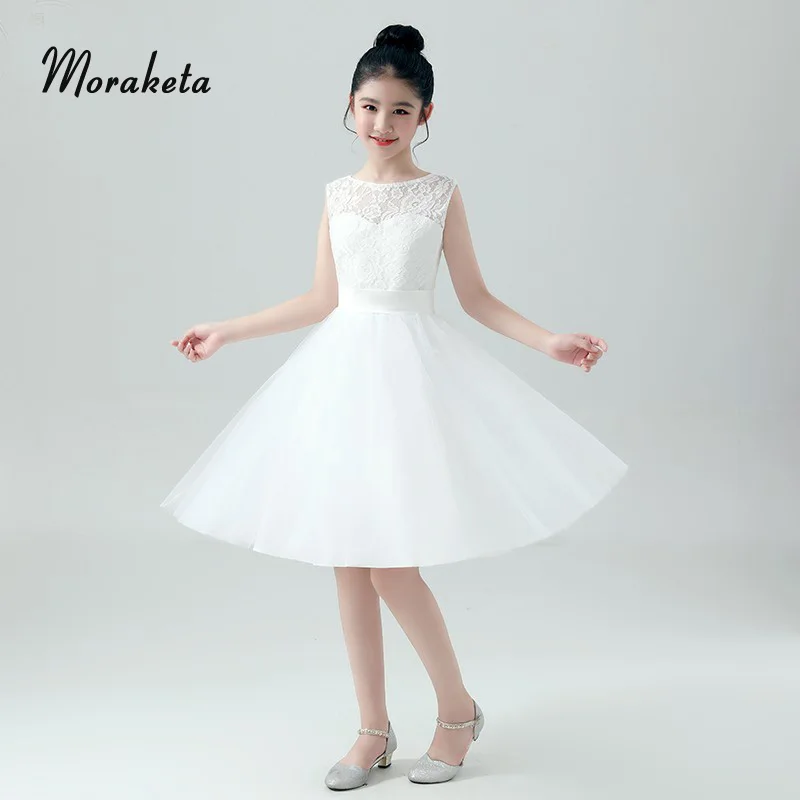 

A-line Scoop Neck Sleeveless Lace Priness White Flower Girl Dresses For Wedding 2019 Girls Tulle Dress For Evening Party