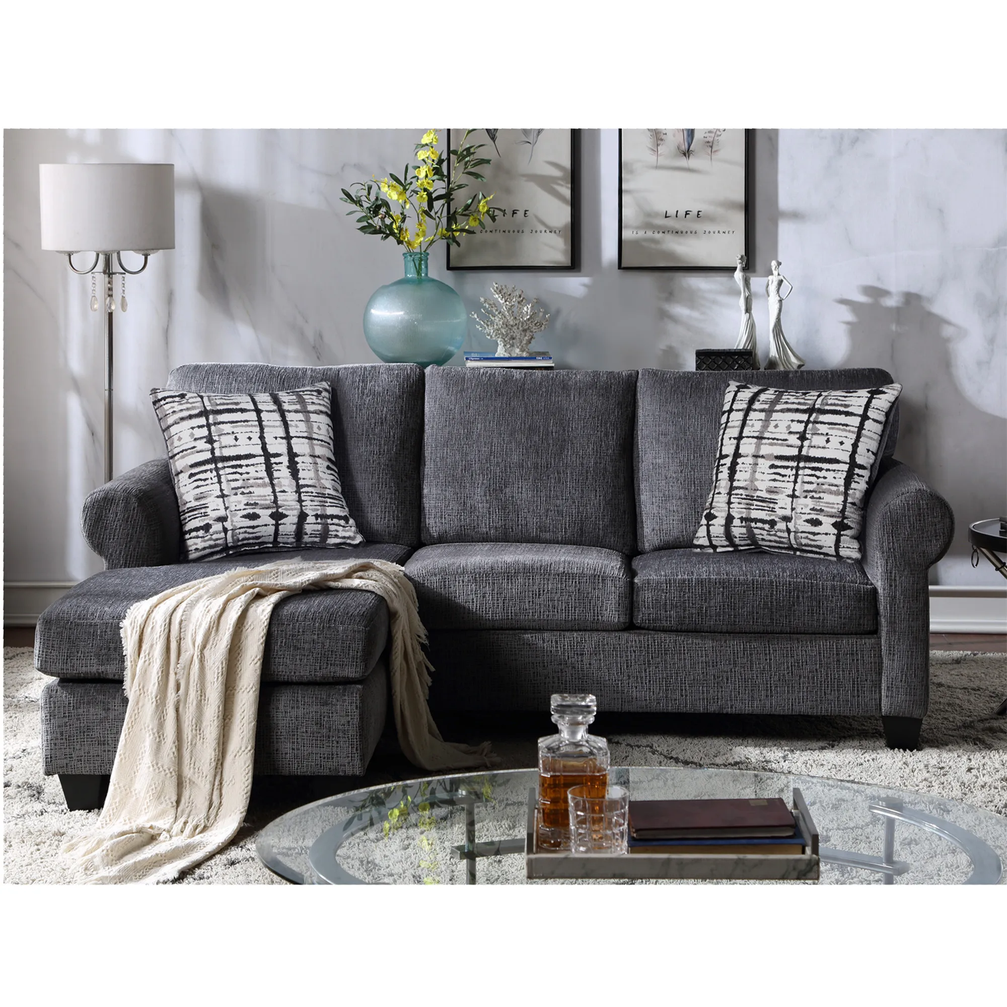 

Секционный диван-трансформер с двумя подушками, L-образный 3-местный диван с мягкой обивкой, Современная льняная ткань, компактное и простое ...