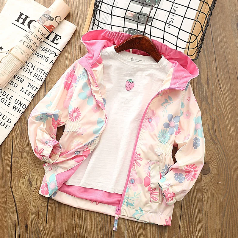 

BBD New Toddler Jacket Girls Spring Summer Flowers Hooded Windbreaker High Quality 2-9Y Kids Coat Clothes
