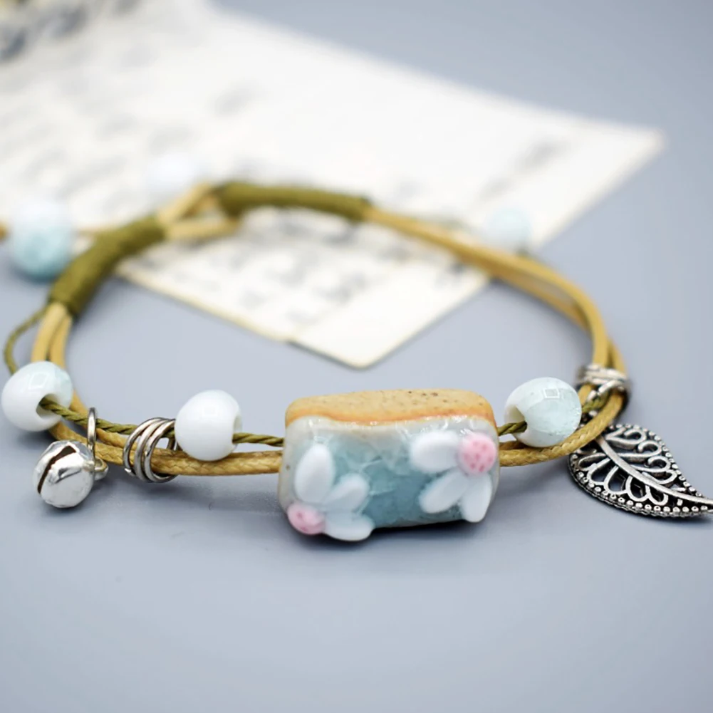 Женский винтажный парный наручный браслет с цветами из керамического камня для