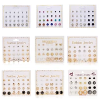 2021 new fashion trend paper card zircon earrings all match 12 pairs of pearl flower bow card earrings female