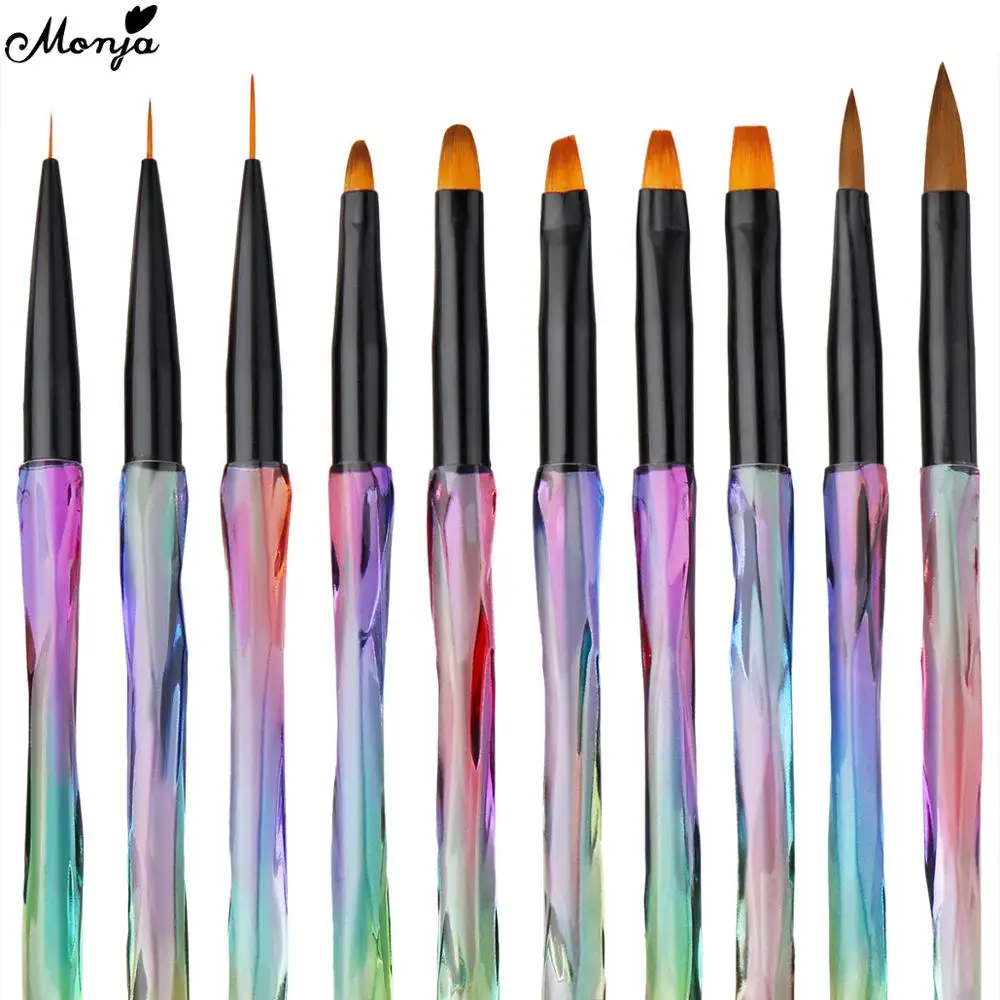 

Monja 10Pcs Colorful Handle Nail Art Stripe Lines Painting Brush UV GEL Extension Builder Acrylic Liquid Powder Carving Pen