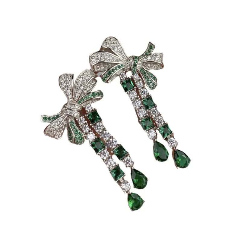 

Luomansi 100%-S925 Sterling Silver Creative Bow Tassel Earrings Super Recognition High Carbon Diamond Emerald Jewelry