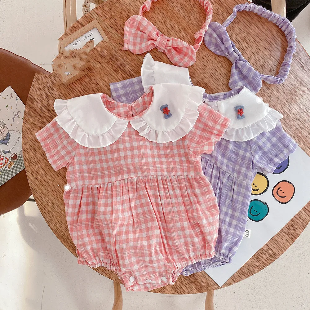 

Baby girls plaid loose short sleeve bodysuits summer cotton peter pan collar casual newborn romper