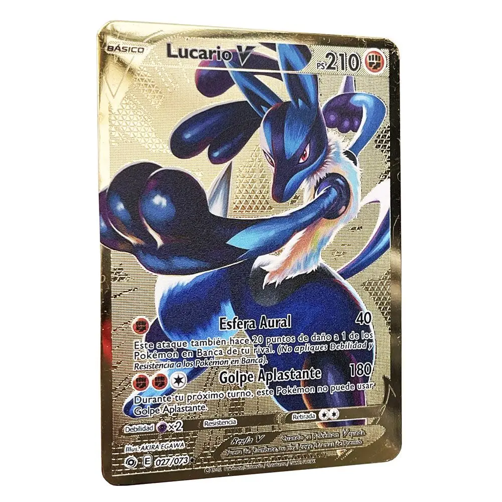 

Золотые карты покемона Lucario V, испанские железные металлические буквы покемона, детский подарок, игрушки в виде радуги