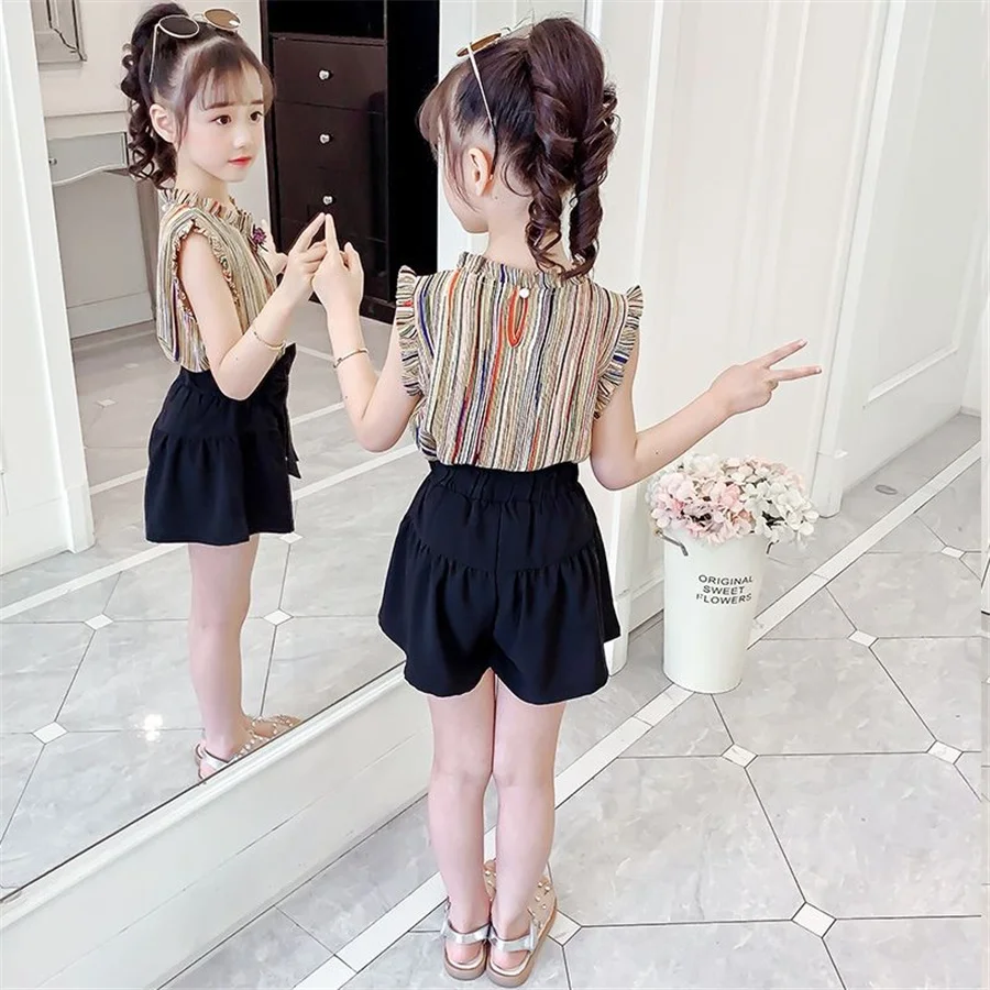

2021 Summer Fashion Girls Sets Kid Clothing Sleeveless Print Top with Casual Pant Outfit for Girl 3-12 Years Summer Kid Suit