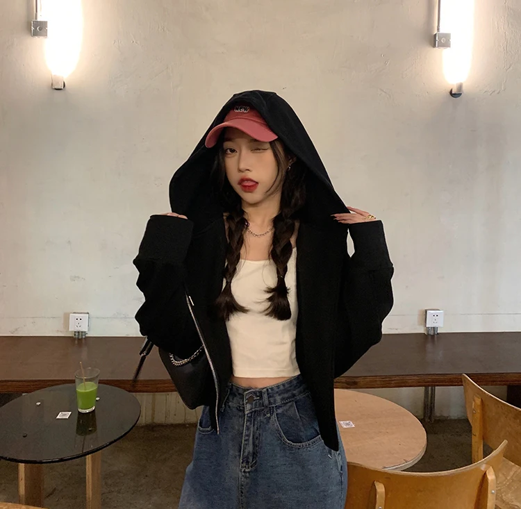 

Fashion Zip-Up short Sweatshirt Autumn Jacket female oversized college Hoodies Women loose Pockets Long Sleeves Pullovers