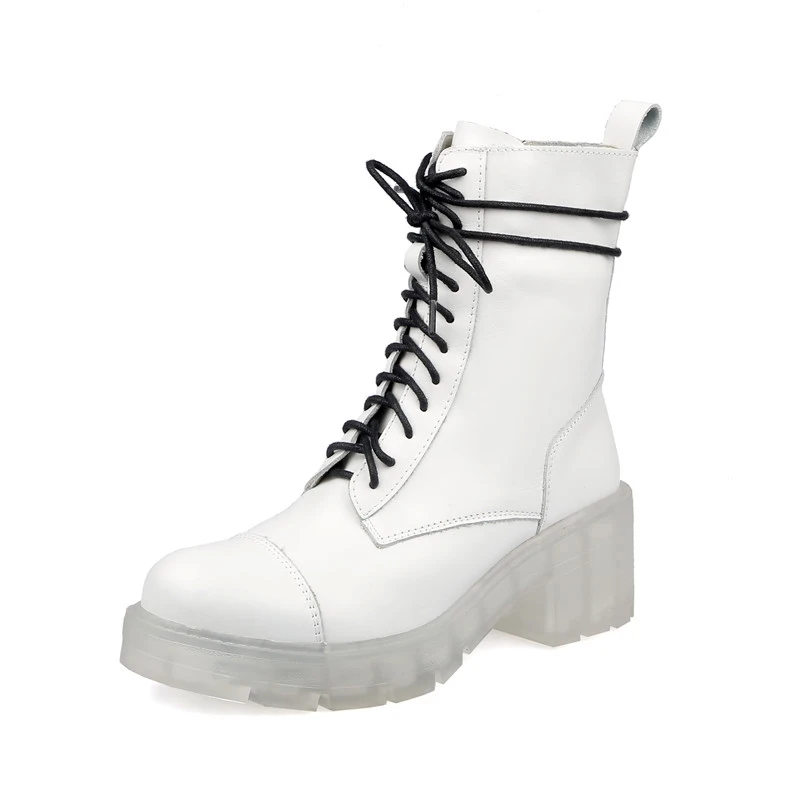 

ANNYMOLI Real Leather Ankle Boots Platform High Heel Woman Boots Lace Up Thick Heel Short Boots Zip Ladies Shoes White Size 40