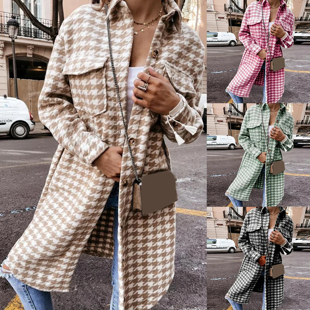 

Lady Overcoat Outerwear Women'S Coat Winter/Autumn 2021 Houndstooth Turn-Down Collar Single-Breasted Suit Jacket