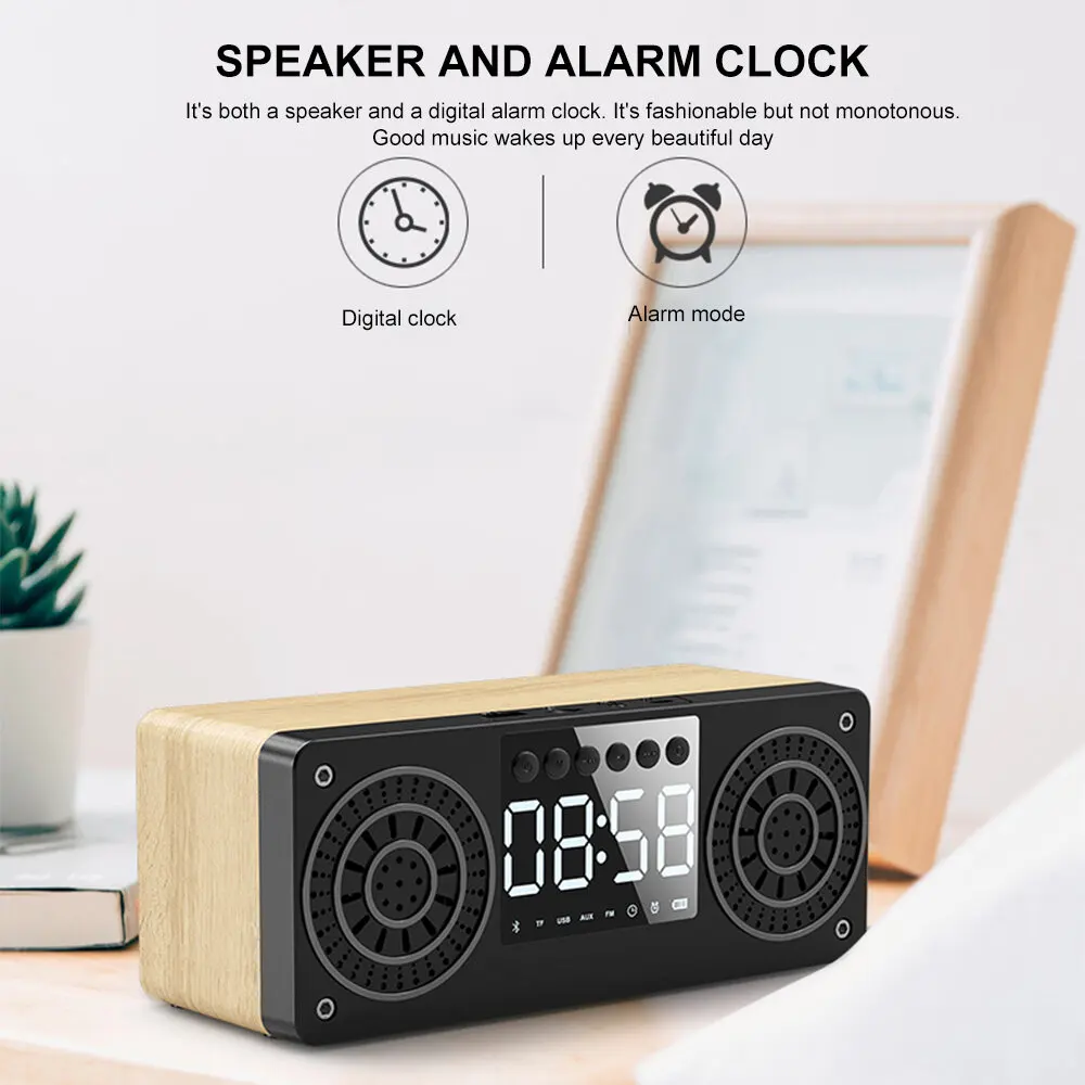 

Portable Bluetooth 5.0 Speaker Alarm Time Display Wooden Wireless Speakers Support TF AUX USB FM Radios for Smartphone Computers