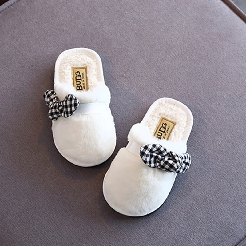 

Winter Children Girls' Slippers Boys Girls Cute Bow Shoes Solid Soft Bottom Indoor Outdoor Warm Kids Home Cotton Wool Shoes
