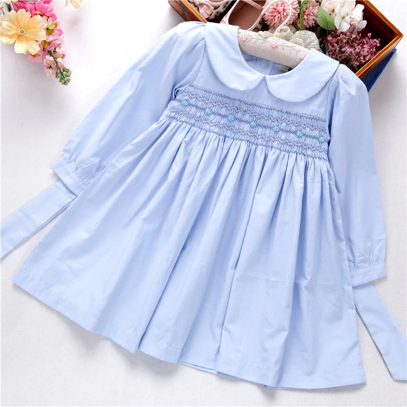 spirng girls dresses long sleeve pink bishop smocked handmade embroidery princess boutiques children's clothing L19112758 | Детская