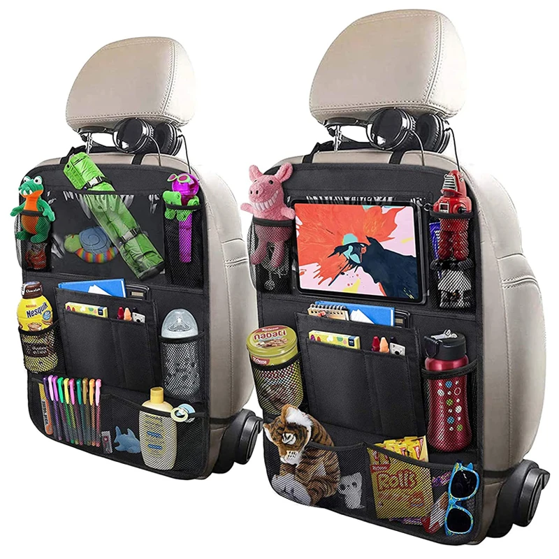 

Car Backseat Organizer with Table Holder 9 Storage Pockets Seat Back Protectors Kick Mats for Kids Toddlers 2 Pack Accessories