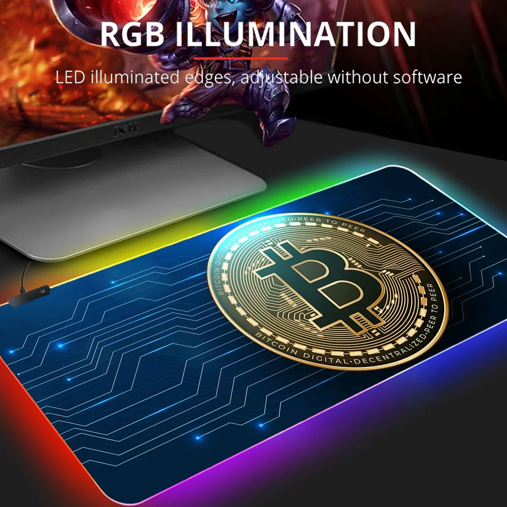 RGB Art Bitcoin 90X30 Mouse Pad Alfombrilla Raton Mousepad Keyboard Pad LED Mause Pad No-slip with Backlit Tapis De Souris 30X70