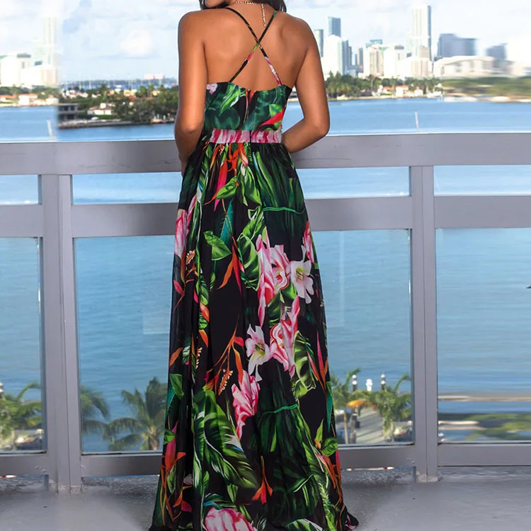 

Sexy V-Neck Spaghetti Strap Backless Wiggle Dress Summer Women Sleeveless Floral Print A Line Maxi Dress Lady Beach Long Dresses