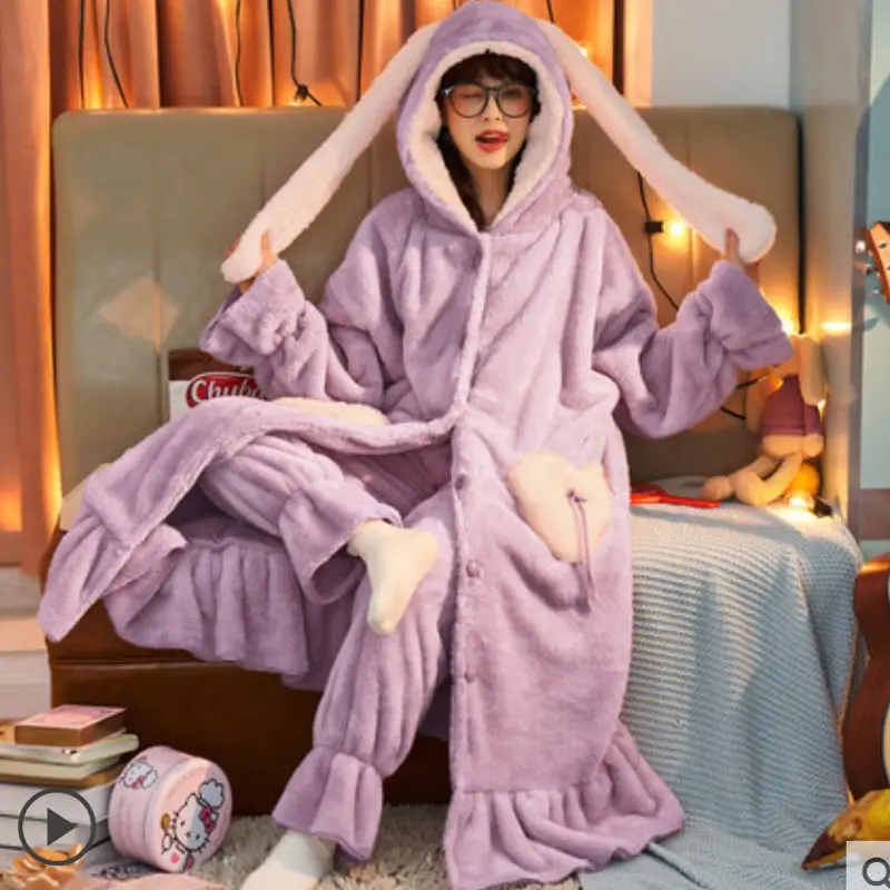 Two-piece Pajamas Women Thickened Plus Velvet Pajamas Autumn and Winter Long Coral Velvet Pajamas Cartoon Flannel Home Service
