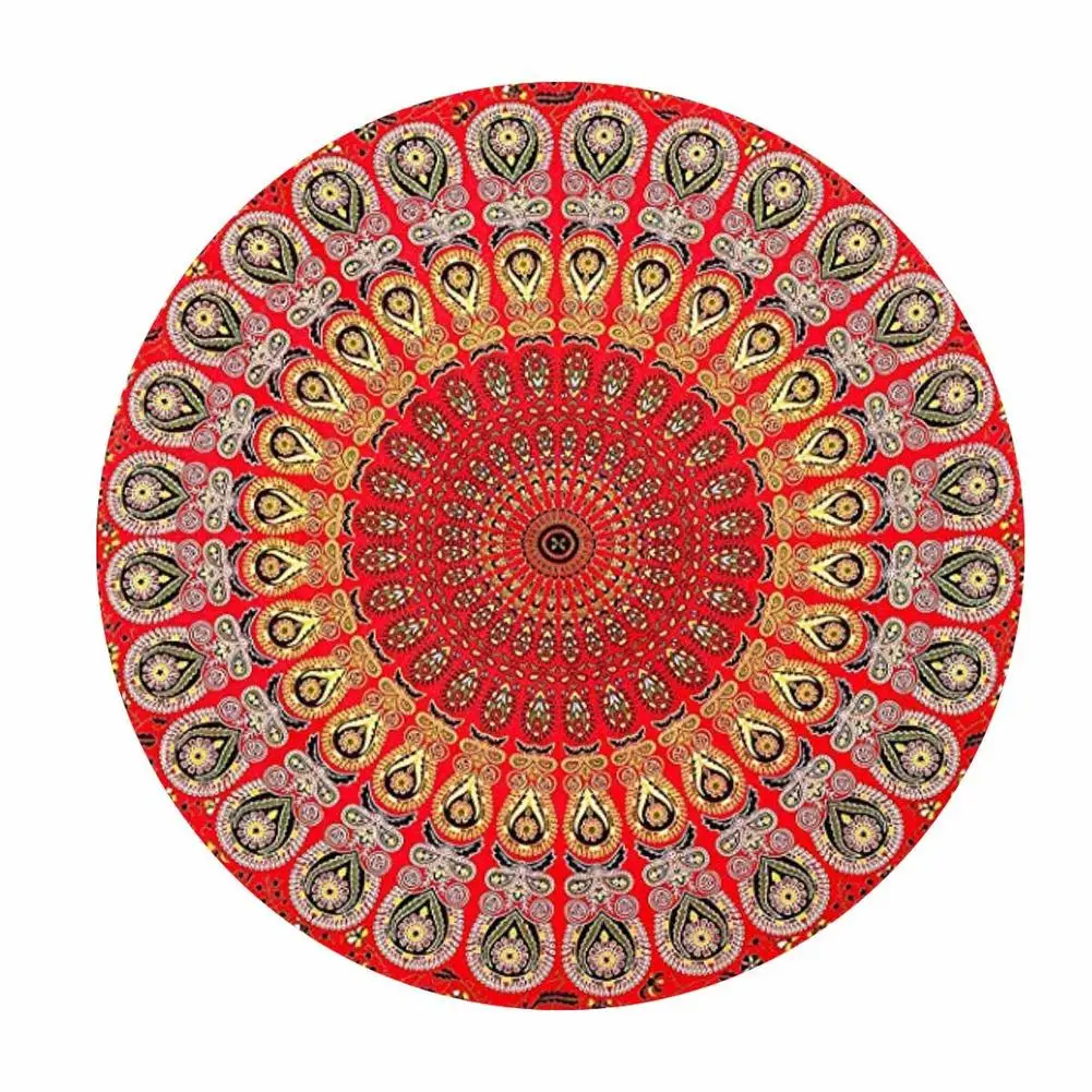 Красный круглый гобелен с кисточками настенный мандалой индийский хлопковый