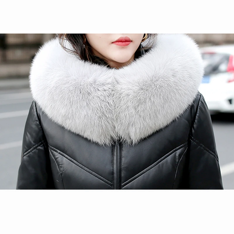 New Women Leather Down Jacket Autumn Winter 2022 Fashion Real Fox Fur Collar And Cuff Thick Warm Hooded Long Sheepskin Down Coat