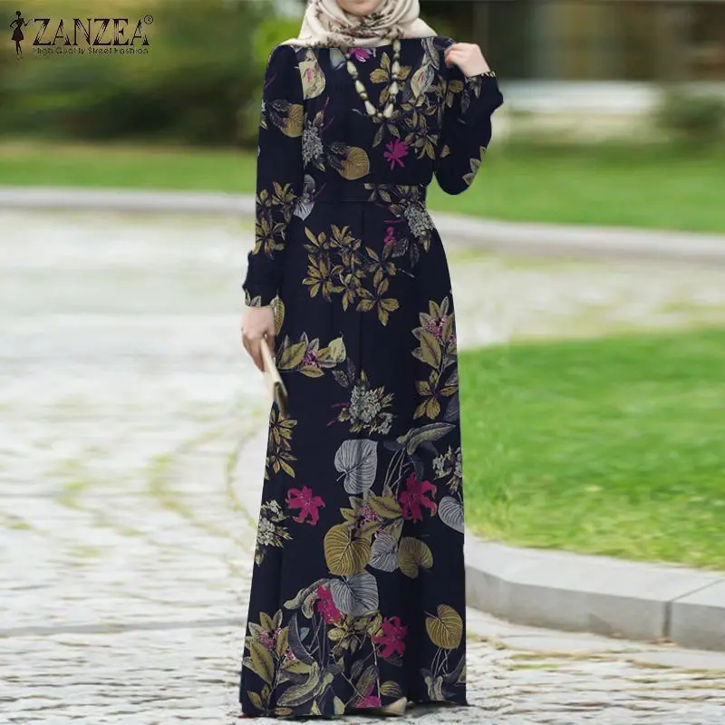 

Kaftan Muslim Print Dress Women Floral Sundress ZANZEA Long Sleeve Marocain Turkish Vestidos Belted Female Islam Robe Femme