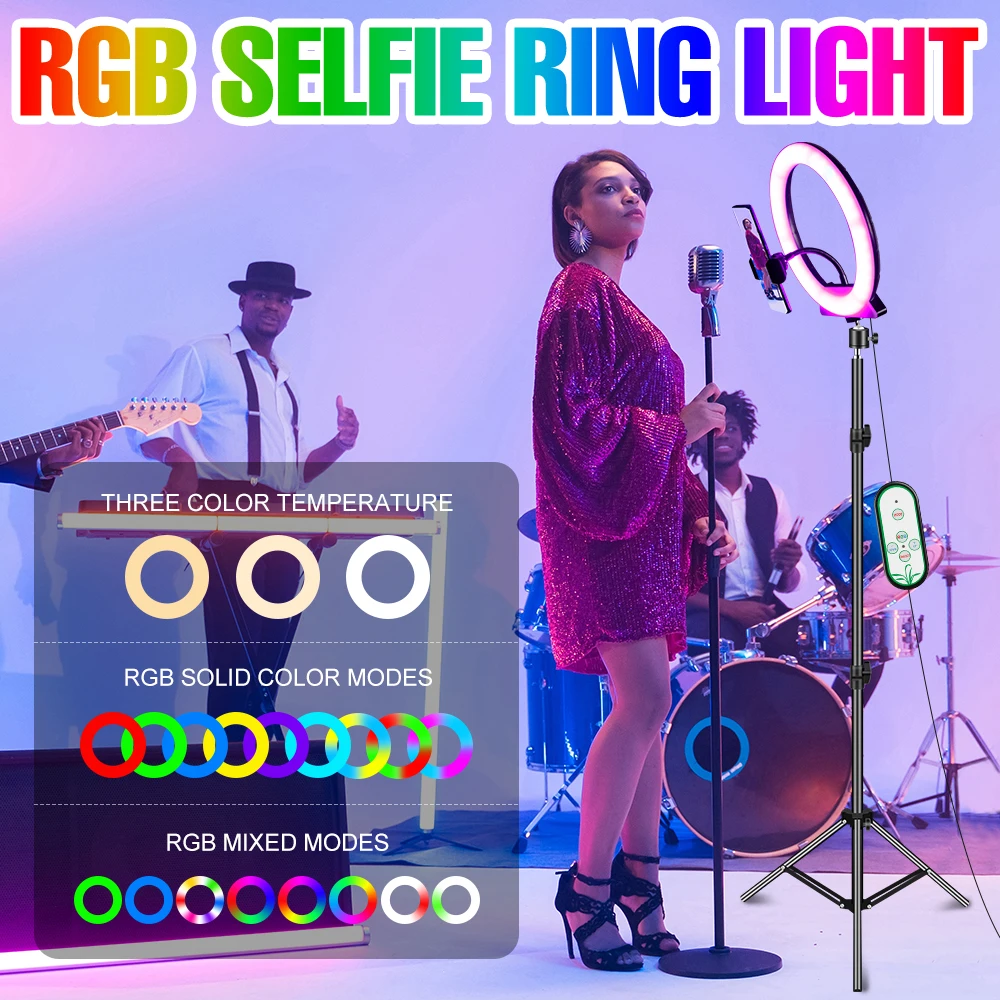 

Кольцевой светильник RGB для фотосъемки в реальном времени, студийная лампа с треногой и USB, портативный ночник для селфи, светодиодный свети...