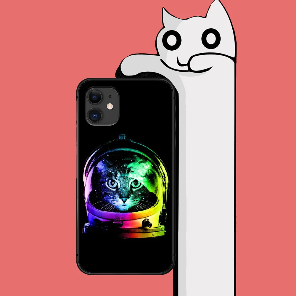 

Cat Astronaut Space Cute Phone Case Cover For Iphone 6 6S 7 8 11 12 Se 2020 X Xs Xr Pro Max Plus Mini Black Shell Tpu Etui