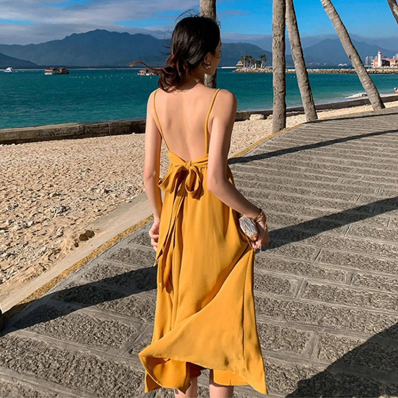 

Summer Fairy Yellow Dress for Women Casual Bohemian Vacation Outfits Thin High Waist A-line Solid Color Elegant Party Beachwear