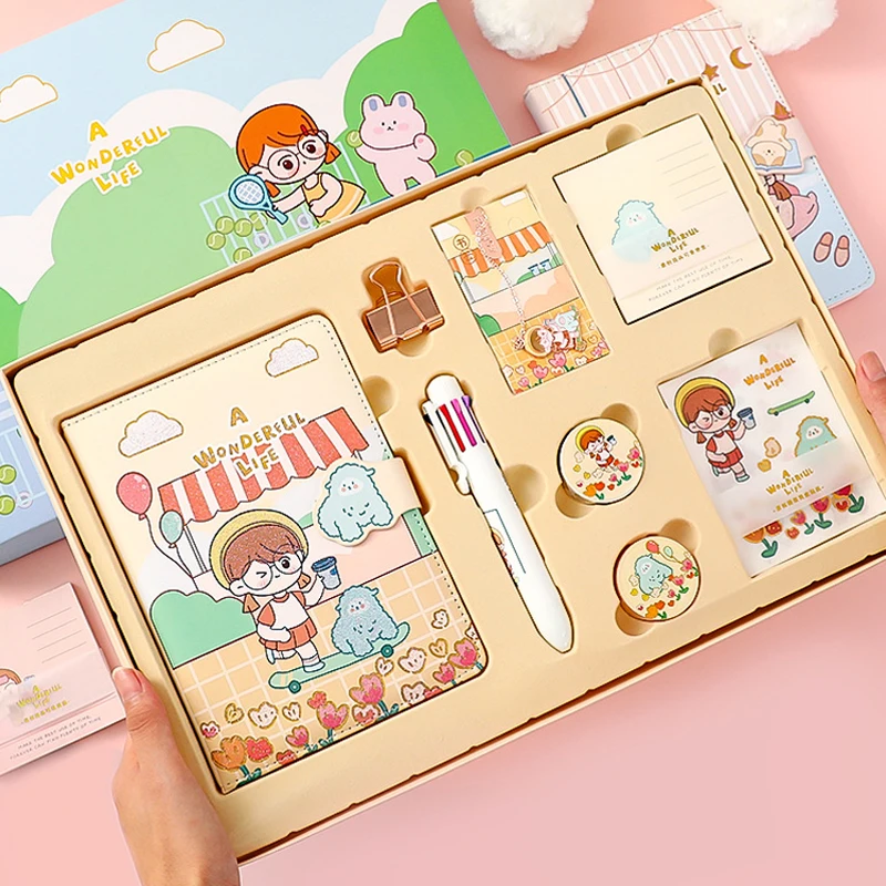 

Student Stationery Gift Set Kawaii Sticke Sticky notes Bookmarks Eight-color pen Metal clip Magnetic buckle notebook Washi tape