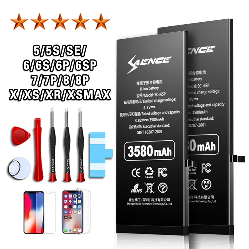 Batería de teléfono de alta capacidad para iPhone, repuesto Original para iPhone 5, 5S, 5C, SE, 6, 6S, 7, 8 Plus, X, XS, MAX, XR, 11, ciclo 0, 100%-0