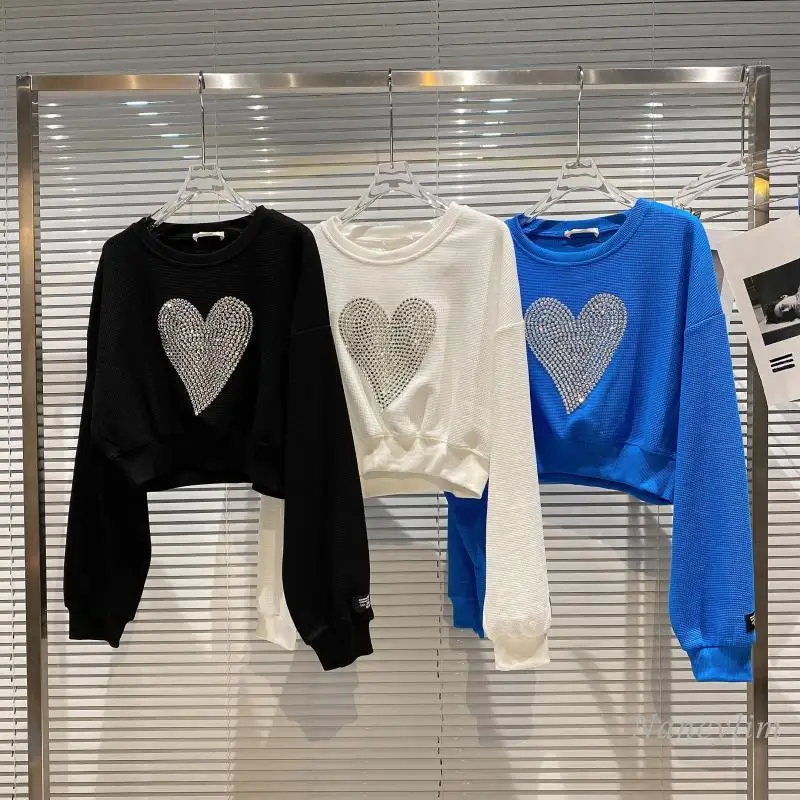 

Rhinestone Heart Shape Hoodies Womn 2021 Autumn New Short Pullover Sweatshirt Top Femme Harajuku White Black Blue