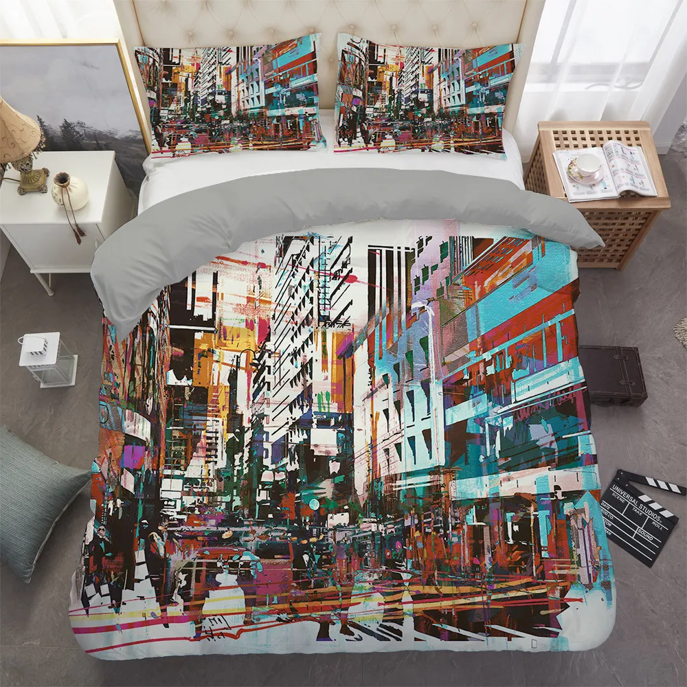 

3D Bedding Set Abstract Art City Pattern Quilt Cover And Pillowcase Bedroom Decor Comfortable Duvet Cover Set
