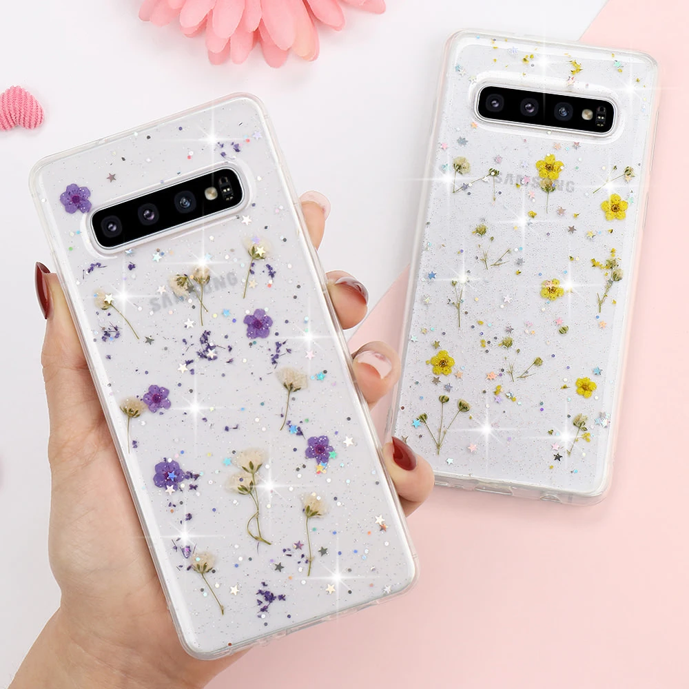 Мягкий силиконовый чехол с настоящими высушенными цветами для Samsung S20 Ultra S10 S8 S9 Plus