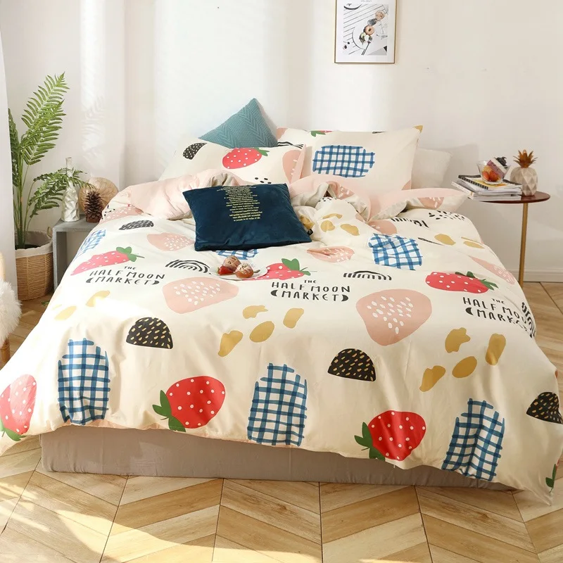 

4pcs Printed Solid Bedding Sets Pure Cotton Bed Sheet, Quilt Cover Pillowcase Boy Kid Teen Girl Bedding Linens King Queen Twin