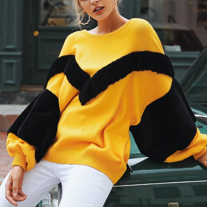 Affogatoo Patchwork faux fur sweater femme Women casual loose winter Autumn streetwear yellow jumper pullover | Женская одежда