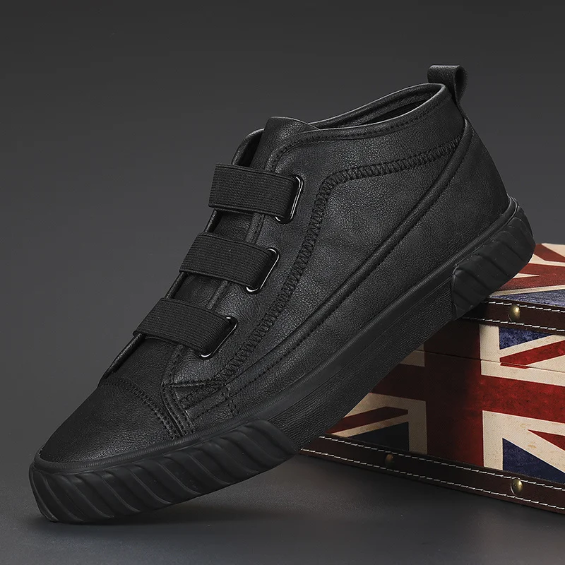 

2021 Spring Autumn New Men Pu Leather Casual Shoes Low Cut Korean Version Fashion Simplicity Elastic Band Vulcanized Shoes 20871