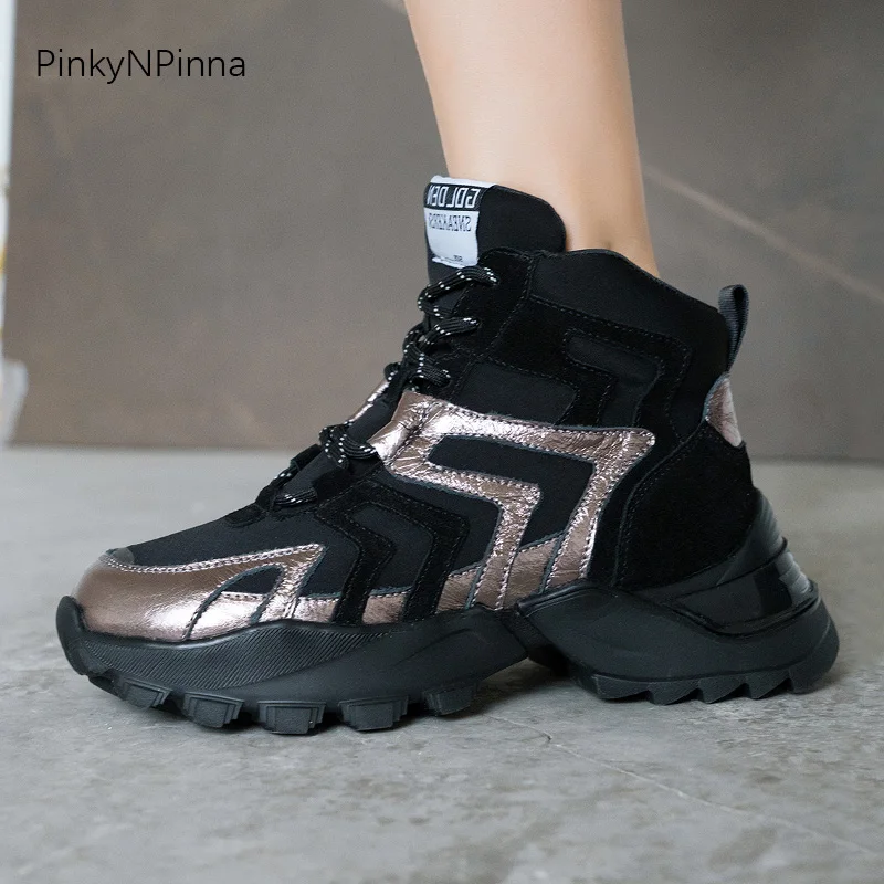 Женские кроссовки с высоким верхом на платформе зимние из натуральной воловьей