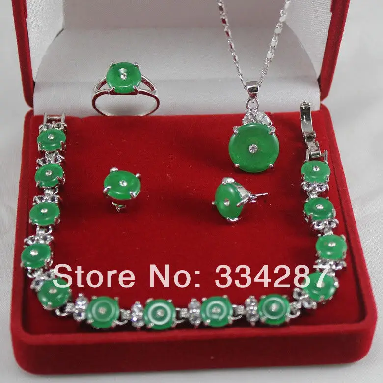 

Natural green jade Silver Pendant Bracelet Earring Ring Jewellery set